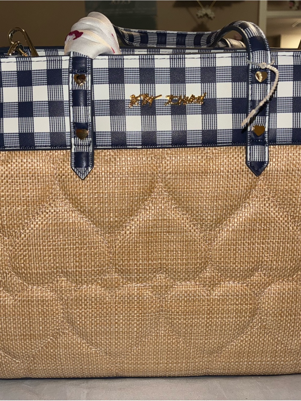 Betsey Johnson Navy Gingham & Natural Straw Tote